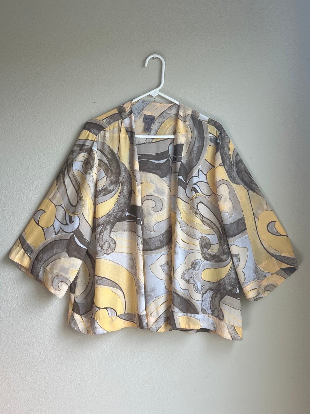 Chicos Earth Tone Abstract Scroll Print Open Front Kimono Jacket Cardigan 3 XL